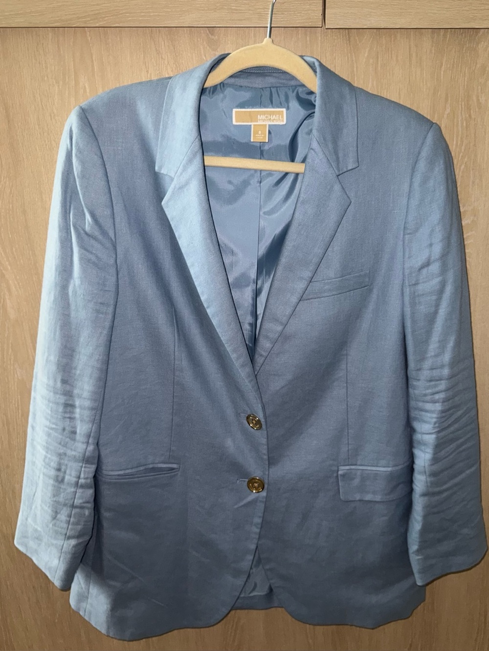 Michael Kors Women’s Size 8 Blue Linen Blend Blazer Gold Logo Buttons Two Button